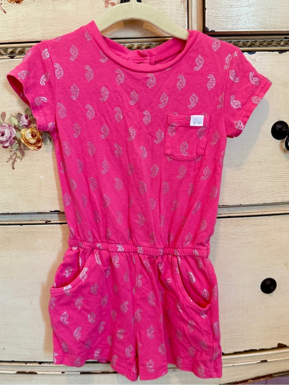 Carter's Hot Pink Short Sleeve Romper with Silver Paisley